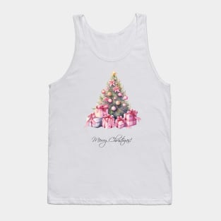 Retro Pink Christmas Tree Watercolor Art Tank Top